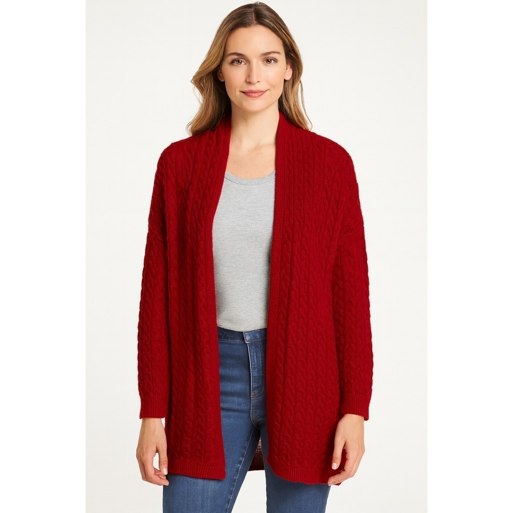 NWT Joan Vass Red Cable Knit Open Front Wool Cashmere Blend Cardigan Holiday